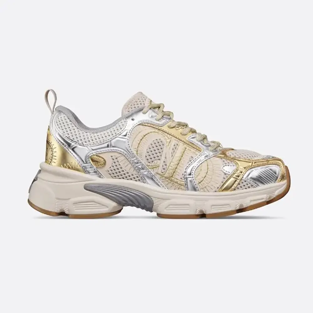 Side view of Dior Women Chrono Sneaker beige mesh and metallic panels