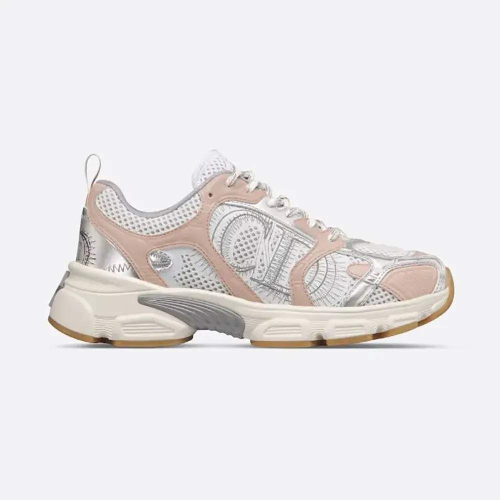 Side view of Dior Women Chrono Sneaker White Mesh with Nude and Silver-Tone Laminated Panels