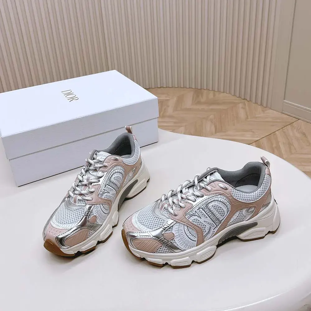 Top angle showing white mesh and lace closure on Dior Women Chrono Sneaker
