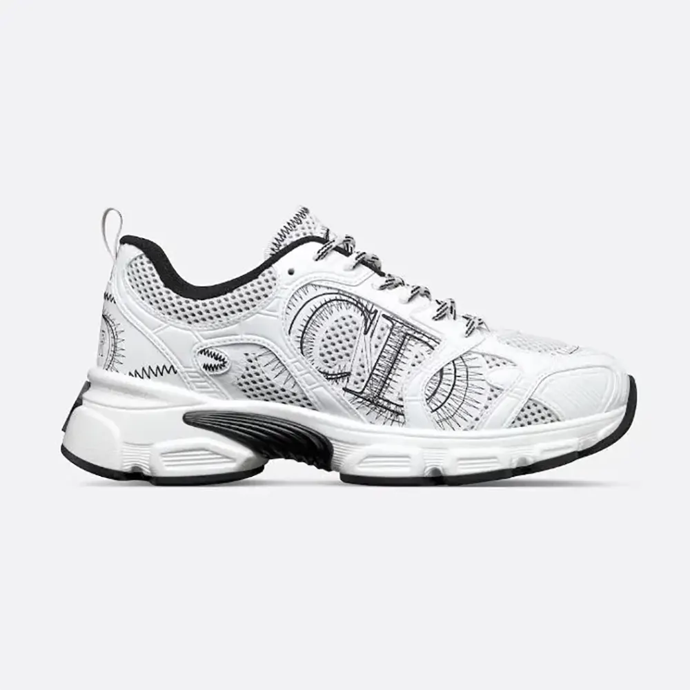 Side profile of Dior Women Chrono Sneaker White and Black Mesh with Leather-Effect Panels