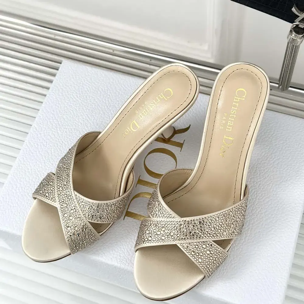 Dior Women Dior Tribales Heeled Slide Beige Suede Calfskin and Gold-Tone Strass - image 4