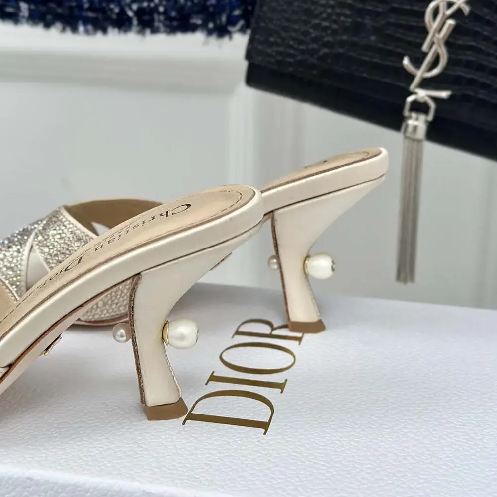Dior Women Dior Tribales Heeled Slide Beige Suede Calfskin and Gold-Tone Strass - image 8