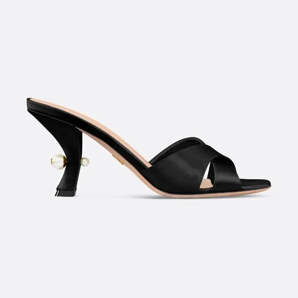 Side view of Dior Women Dior Tribales Heeled Slide Black Satin