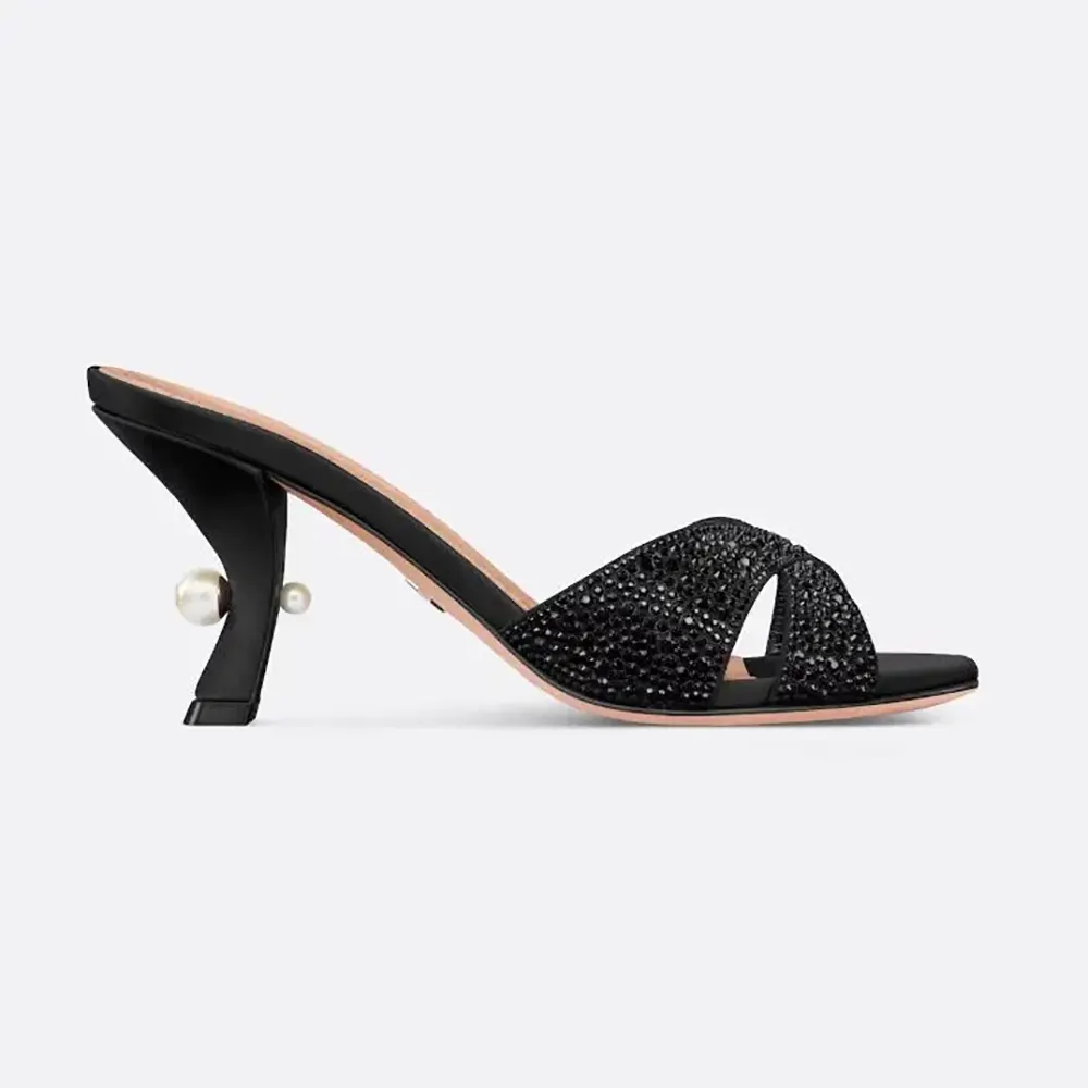 Side view of Dior Women Dior Tribales Heeled Slide in black suede