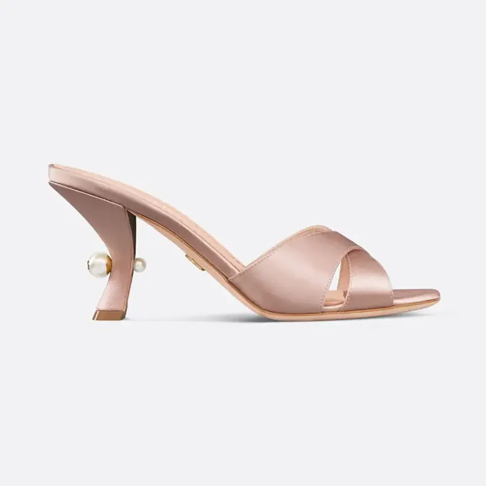 Side view of Dior Women Dior Tribales Heeled Slide Nude Satin in pink satin