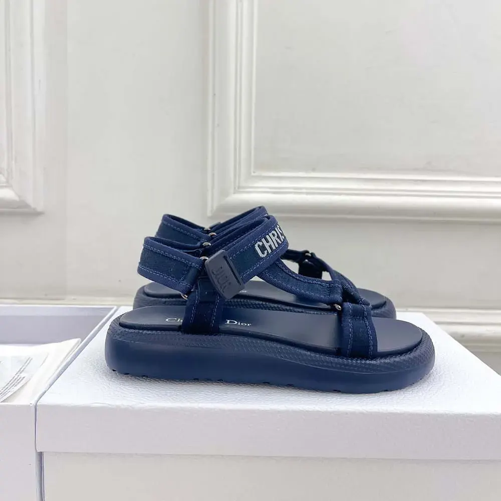 Close-up on silver Dior logo hardware of Dioriviera D-Wave sandal