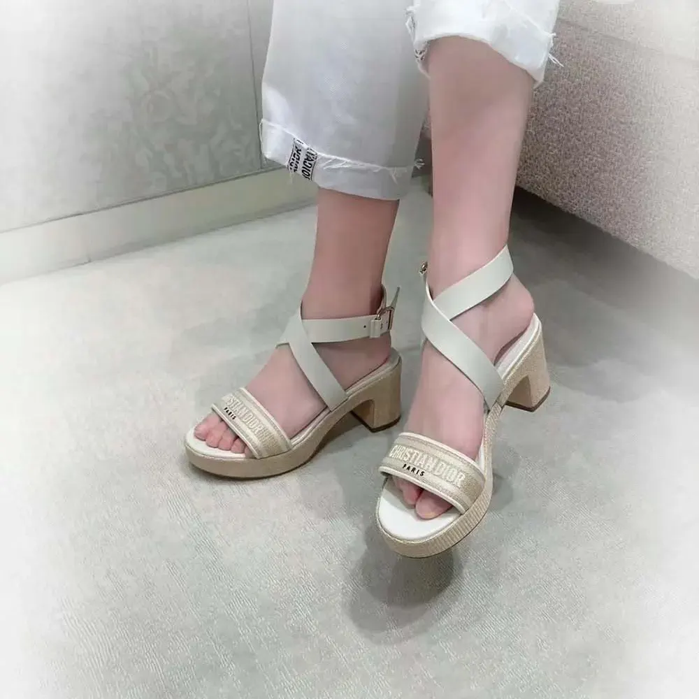 Dior Women Dioriviera Dway Heeled Sandal Natural Raffia White Calfskin and Embroidered Cotton - image 7