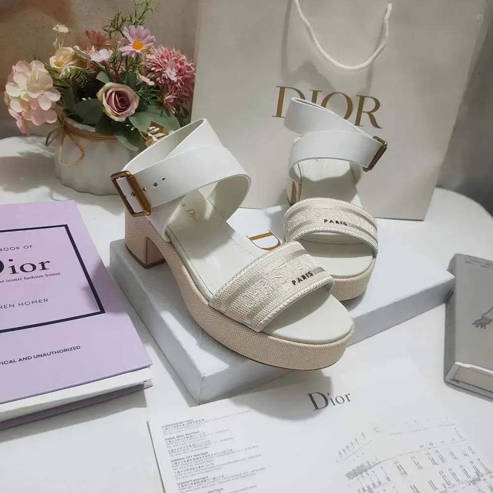 Dior Women Dioriviera Dway Heeled Sandal Natural Raffia White Calfskin and Embroidered Cotton - image 4