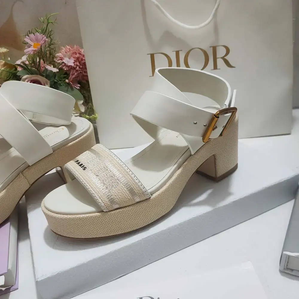 Dior Women Dioriviera Dway Heeled Sandal Natural Raffia White Calfskin and Embroidered Cotton - image 6