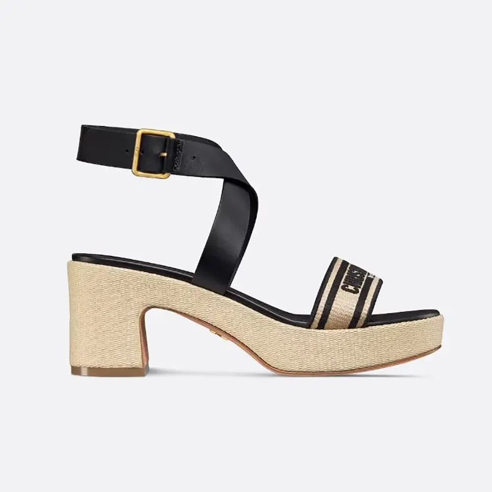 Side view of Dior Women Dioriviera Dway Heeled Sandal Natural Raffia black calfskin