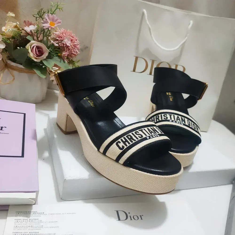 Dior Women Dioriviera Dway Heeled Sandal Natural Raffia with Black Calfskin and Embroidered Cotton - image 4