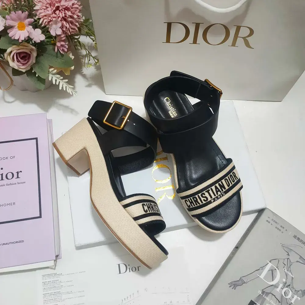 Dior Women Dioriviera Dway Heeled Sandal Natural Raffia with Black Calfskin and Embroidered Cotton - image 6
