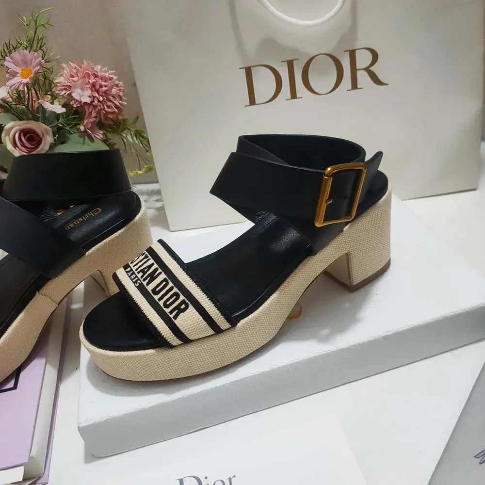 Dior Women Dioriviera Dway Heeled Sandal Natural Raffia with Black Calfskin and Embroidered Cotton - image 5