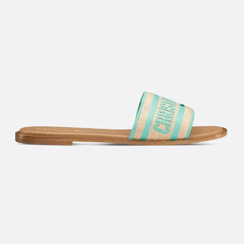 Side profile of Dior Women Dioriviera Dway Slide natural raffia aqua embroidery