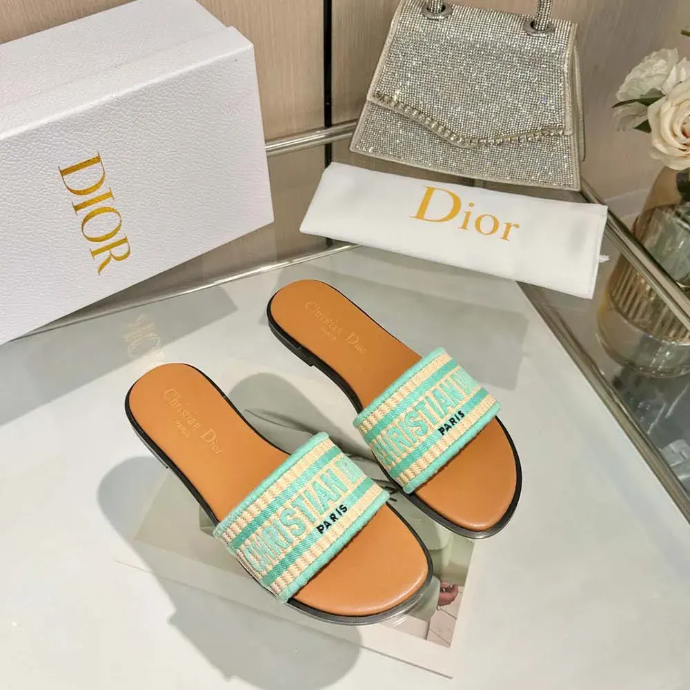 Close-up on aquamarina embroidered cotton and silver Dior hardware detail