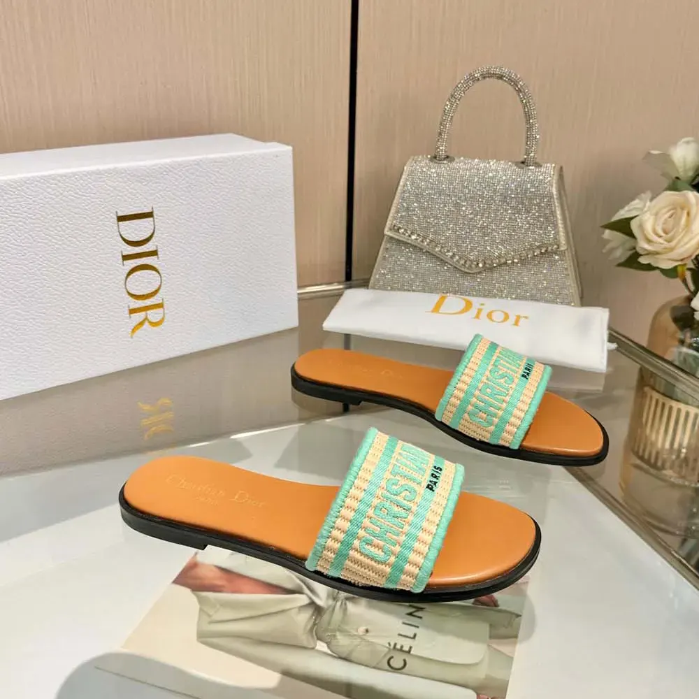 Dior Women Dioriviera Dway Slide Natural Raffia and Aquamarina Embroidered Cotton - image 6