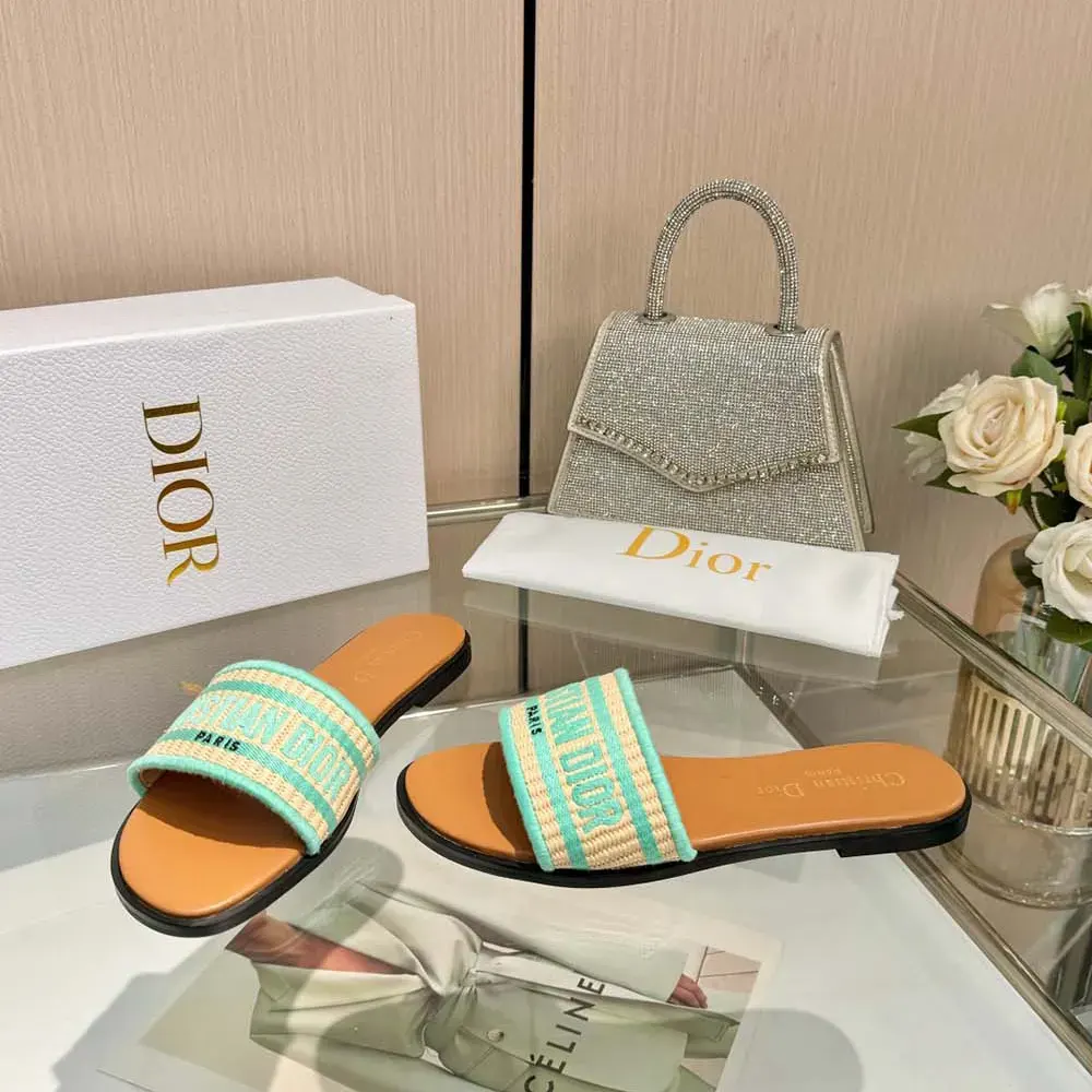 Dior Women Dioriviera Dway Slide Natural Raffia and Aquamarina Embroidered Cotton - image 5