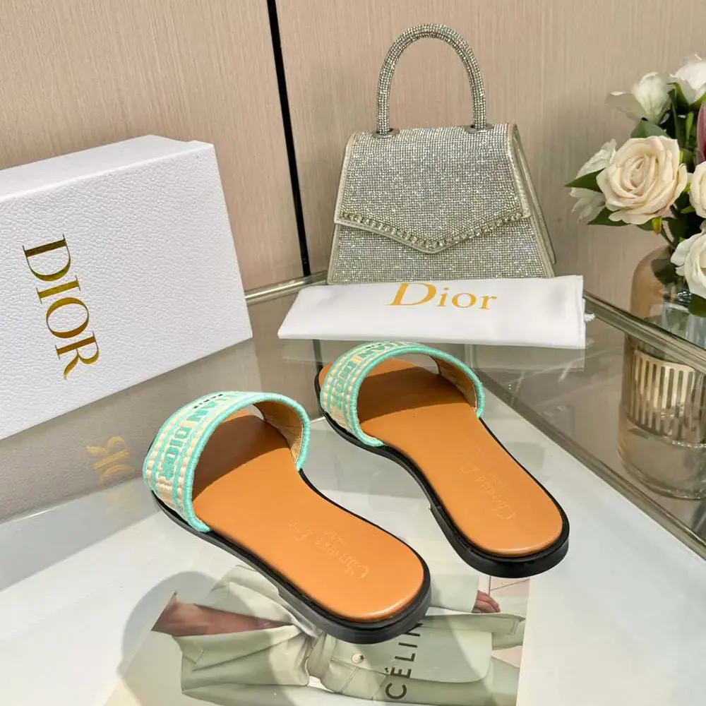 Dior Women Dioriviera Dway Slide Natural Raffia and Aquamarina Embroidered Cotton - image 7