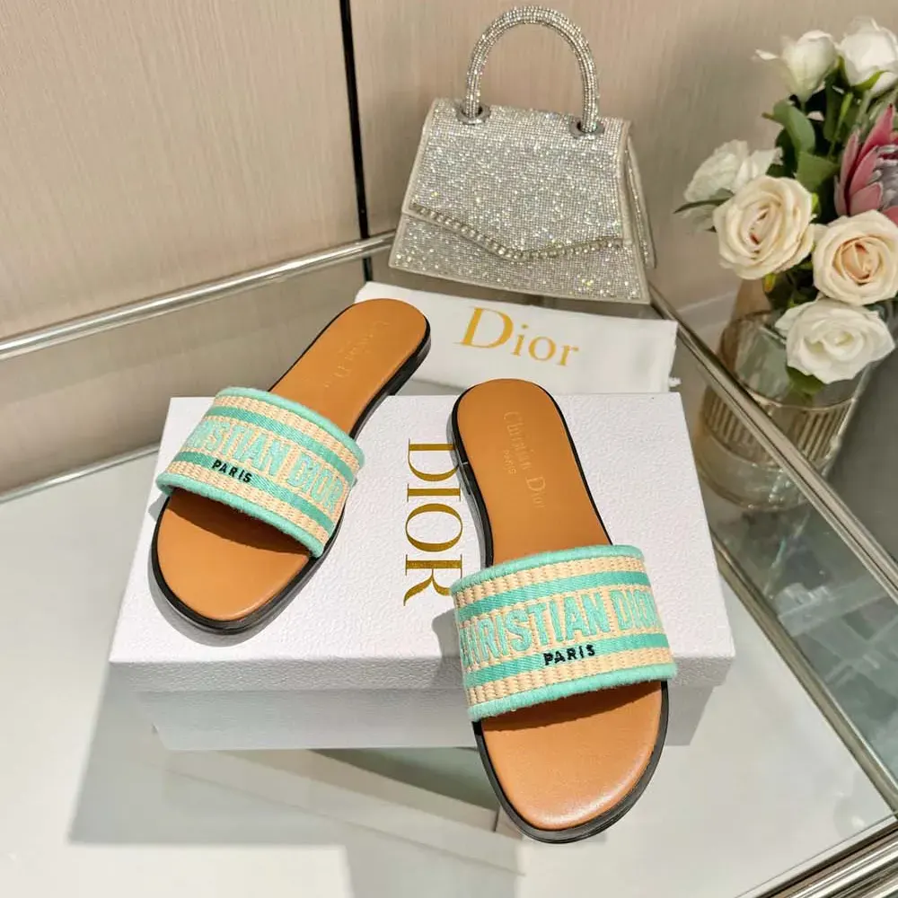 Dior Women Dioriviera Dway Slide Natural Raffia and Aquamarina Embroidered Cotton - image 4