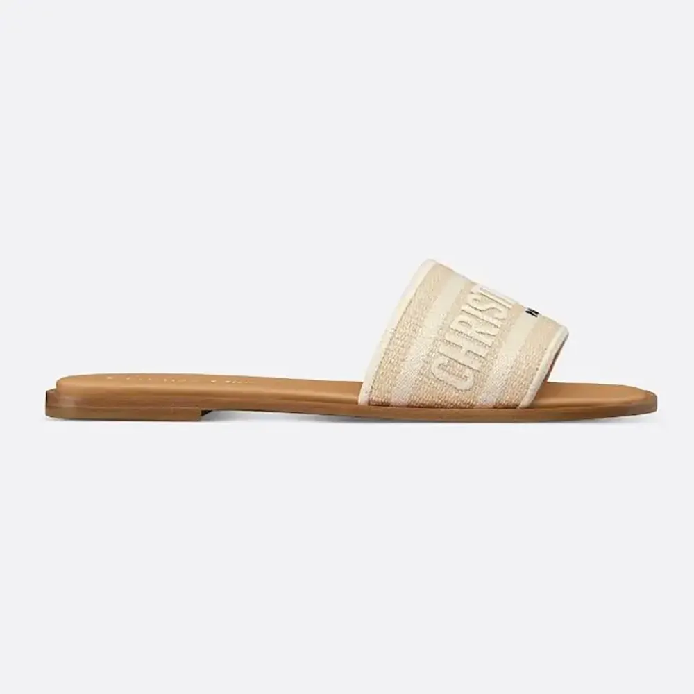 Side angle of Dior Women Dioriviera Dway Slide natural raffia and white cotton