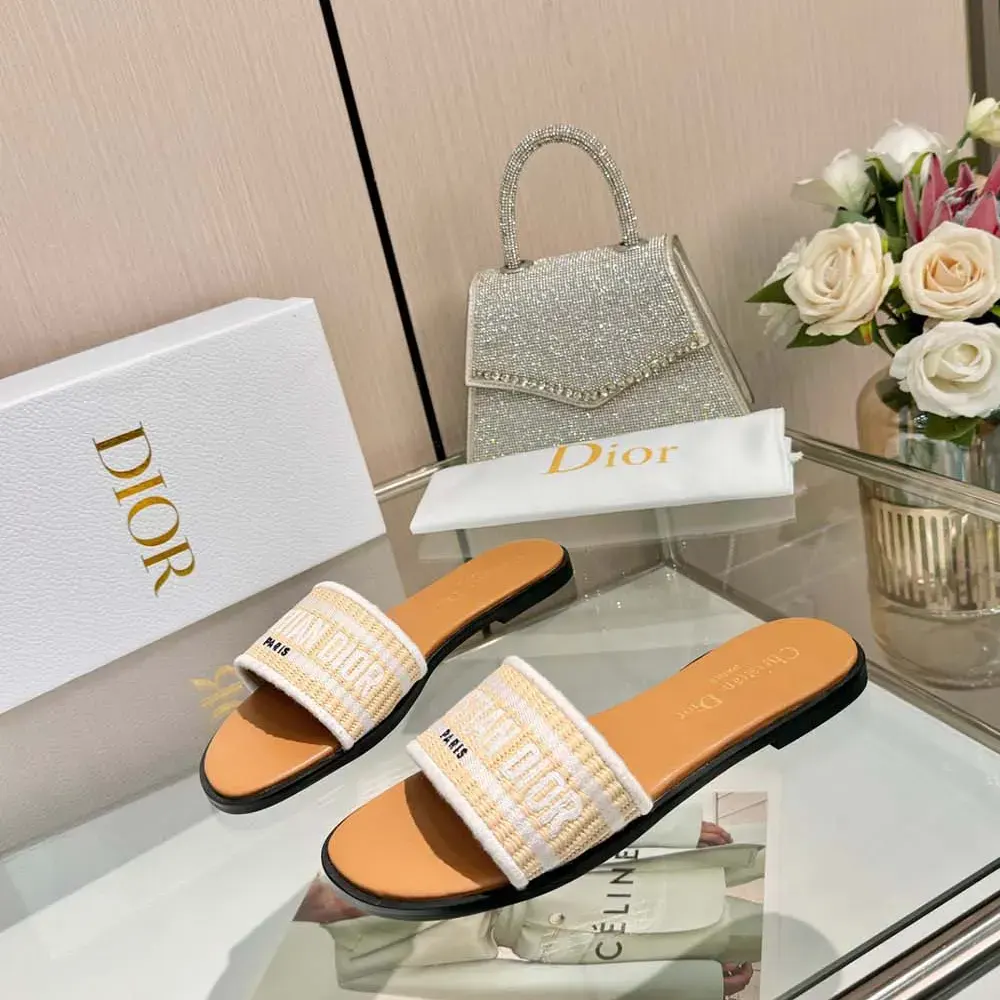 Dior Women Dioriviera Dway Slide Natural Raffia and White Embroidered Cotton - image 5