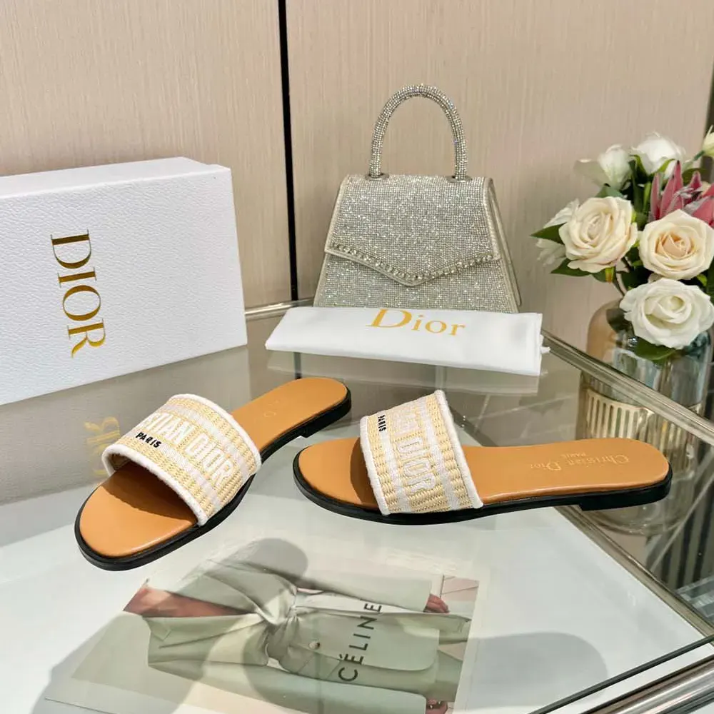 Dior Women Dioriviera Dway Slide Natural Raffia and White Embroidered Cotton - image 6