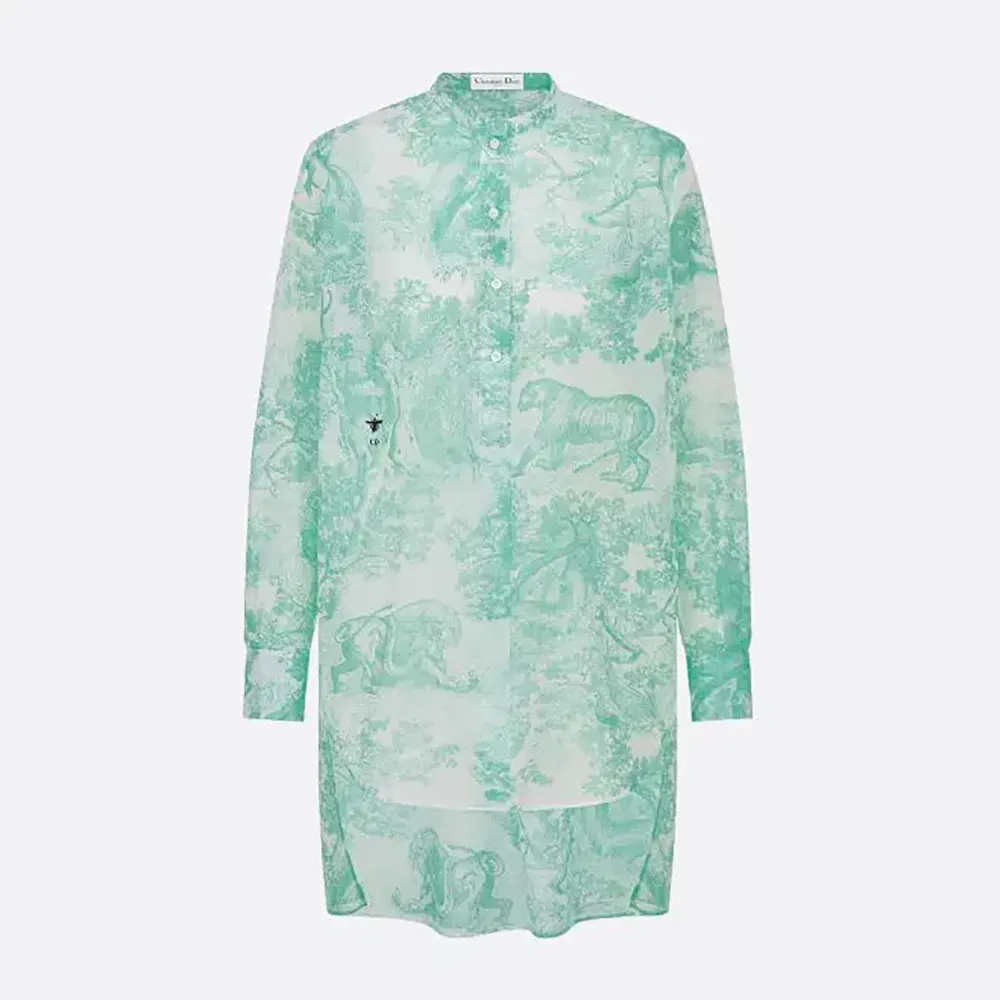 Front view of Dior Women Dioriviera Long Blouse White and Aquamarina Cotton Muslin