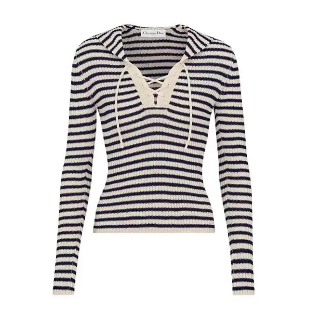 Front view of Dior Women Dioriviera Sweater Ecru Cotton Ribbed Knit