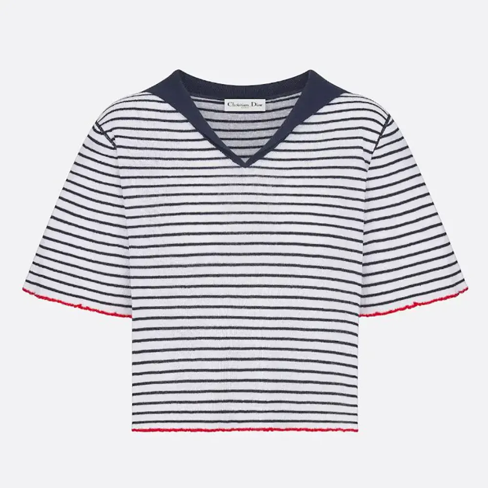 Front view of Dior Women Dioriviera Sweater White and Navy Blue ribbed knit