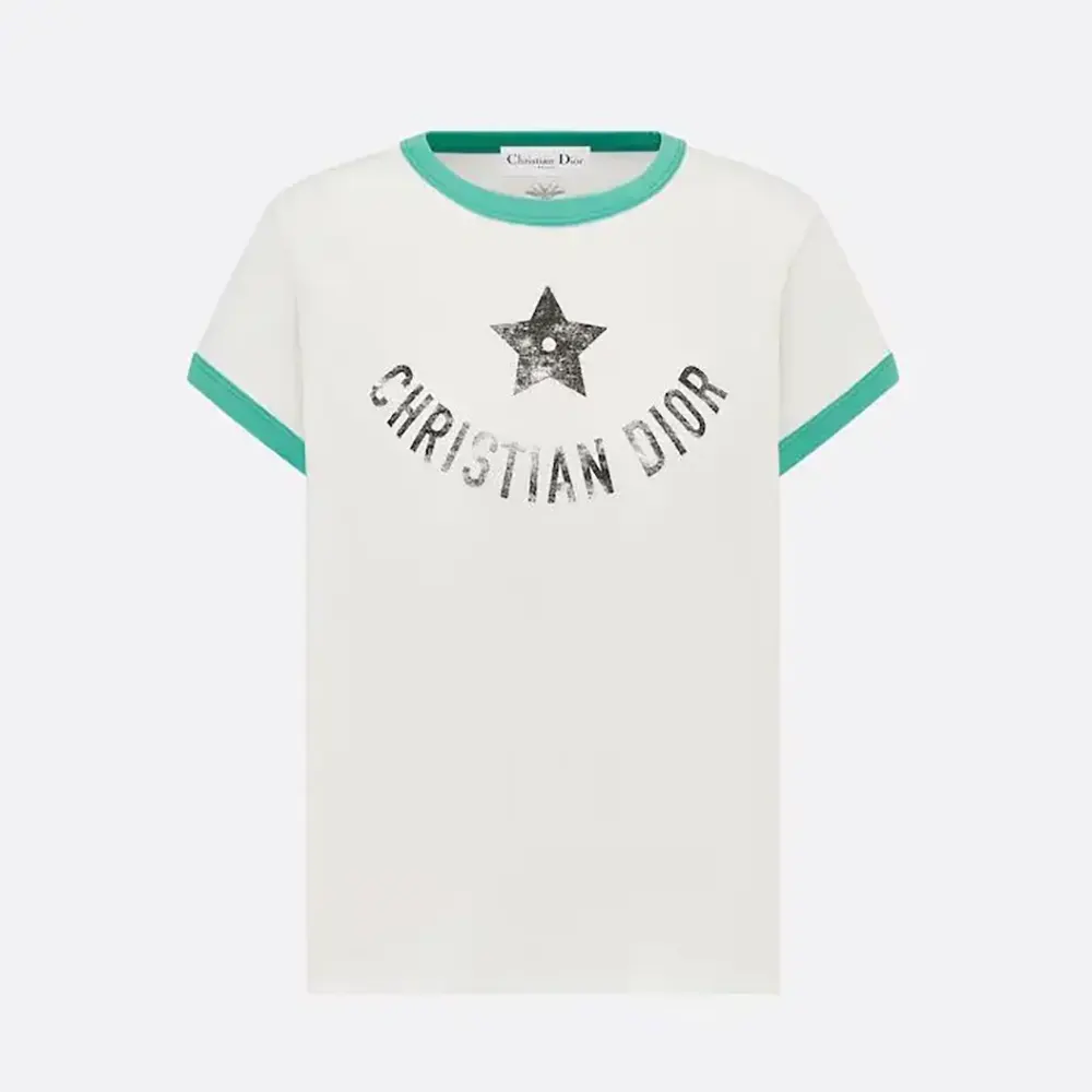 Front view of Dior Men Dioriviera T-Shirt Ecru and Aquamarina Cotton Jersey