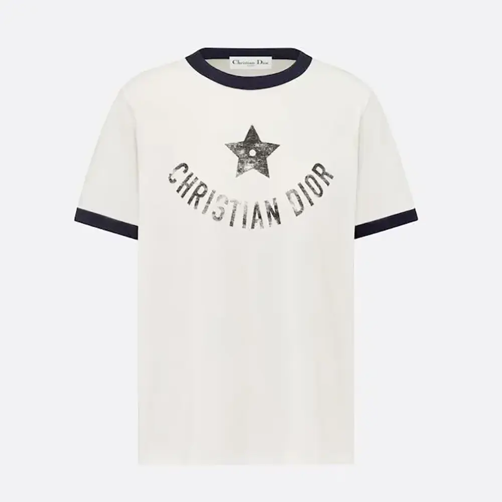 Front view of Dior Men Dioriviera T-Shirt Ecru and Navy Blue Cotton Jersey