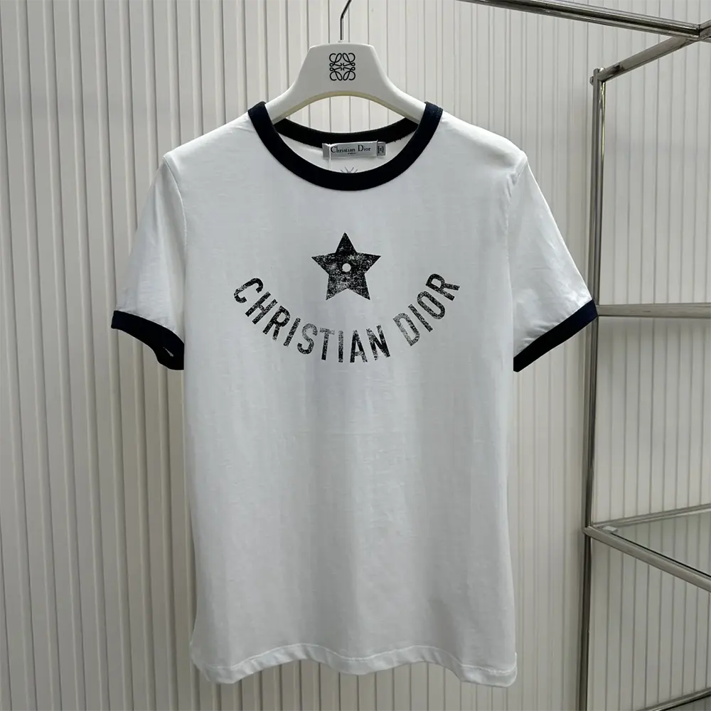 Close-up of Dior logo embroidery on Dioriviera T-Shirt navy cotton jersey