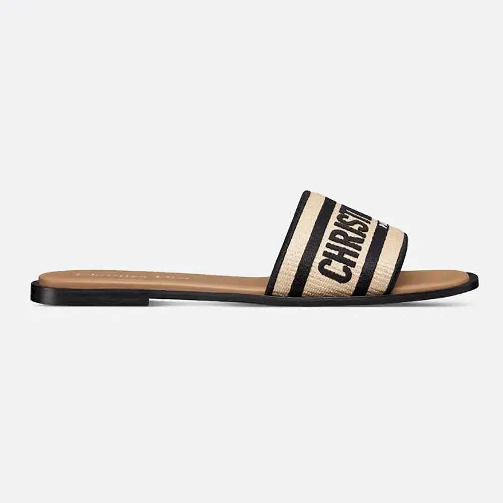 Side view of Dior Women Dway Slide natural raffia and black embroidery