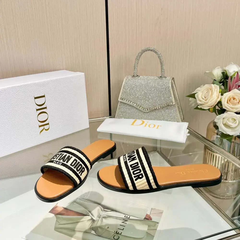 Dior Women Dway Slide Natural Raffia and Black Embroidered Cotton - image 5