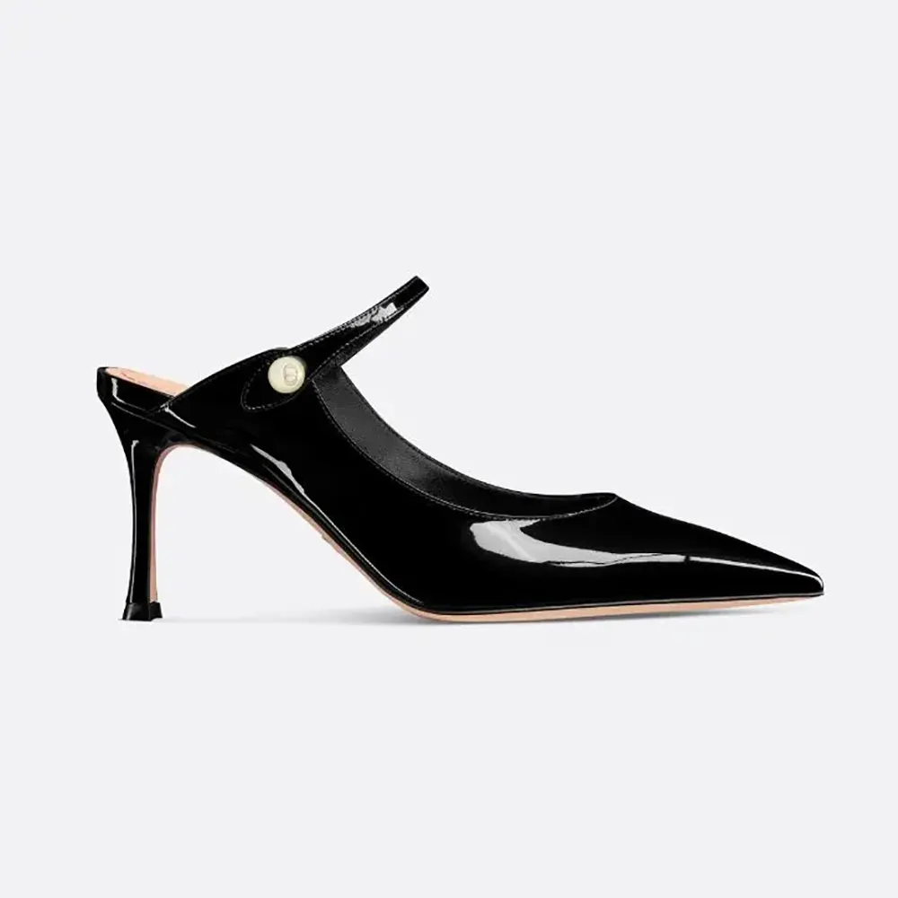 Side view of Dior Women Jolie Dior Heeled Mule Black Patent Calfskin
