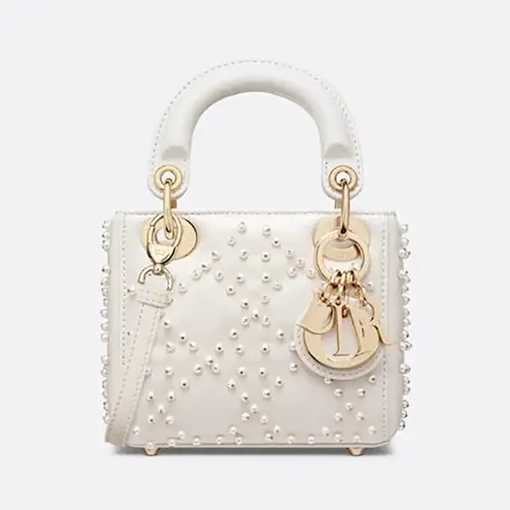 Front view of Dior Women Lady Dior Micro Bag Latte Cannage Lambskin with Resin Pearls