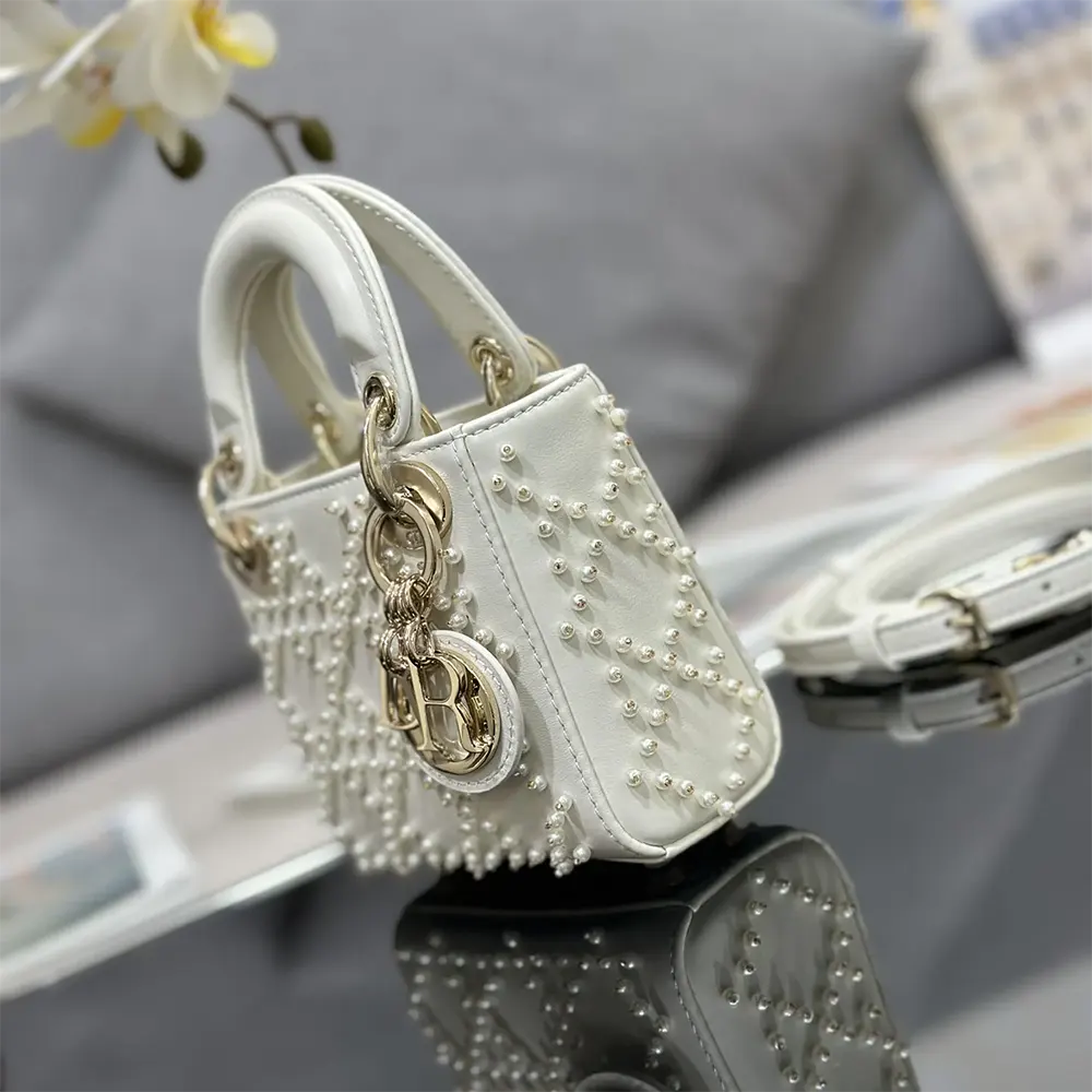 Dior Women Lady Dior Micro Bag Latte Cannage Lambskin with Resin Pearls - image 5