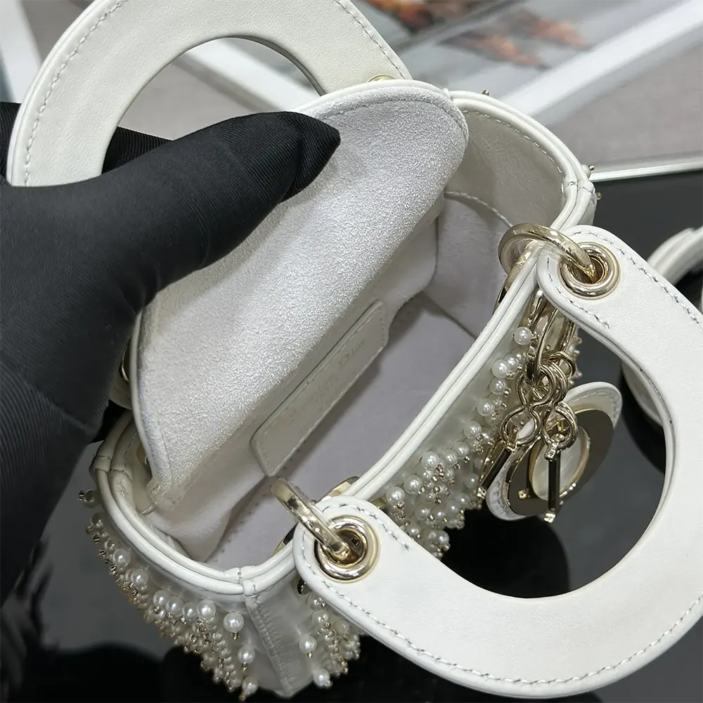 Dior Women Lady Dior Micro Bag Latte Cannage Lambskin with Resin Pearls - image 8