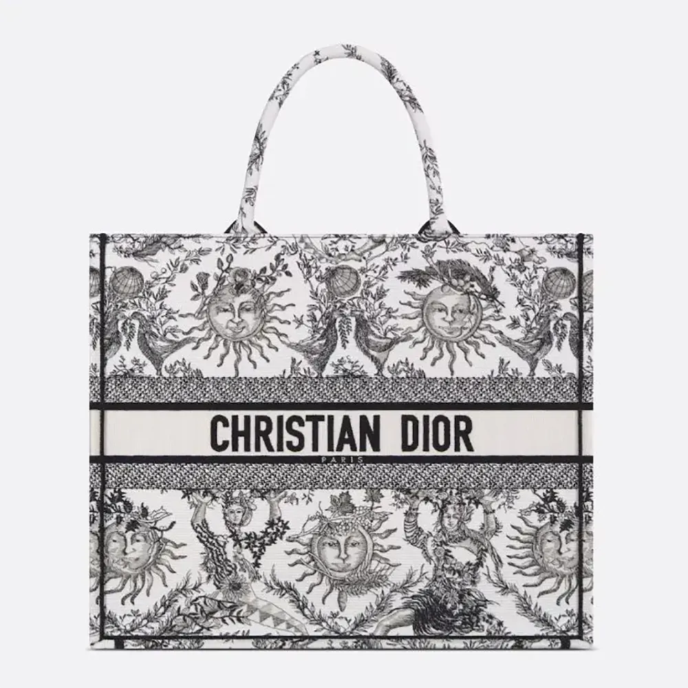Front view of Dior Women Large Dior Book Tote White and Black Toile de Jouy Soleil Embroidery