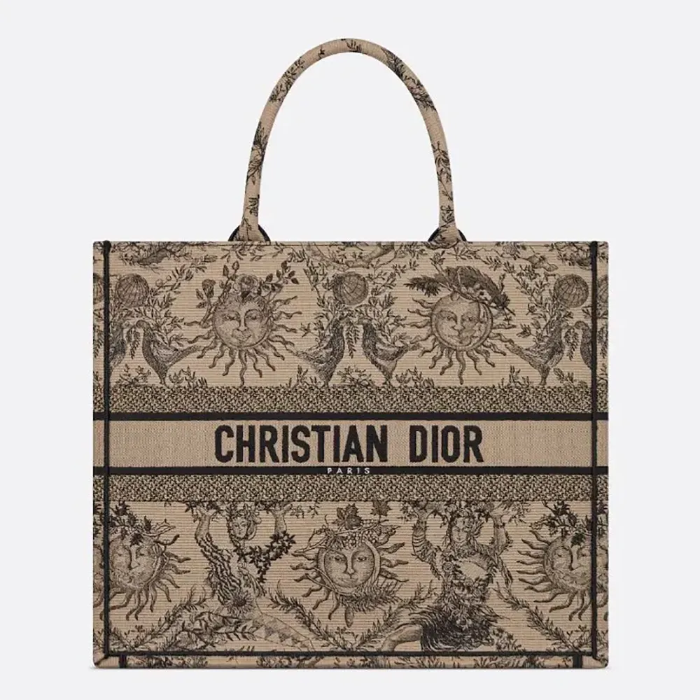 Front view of Dior Women Large Dior Book Tote Beige and Black Toile de Jouy Soleil Embroidery