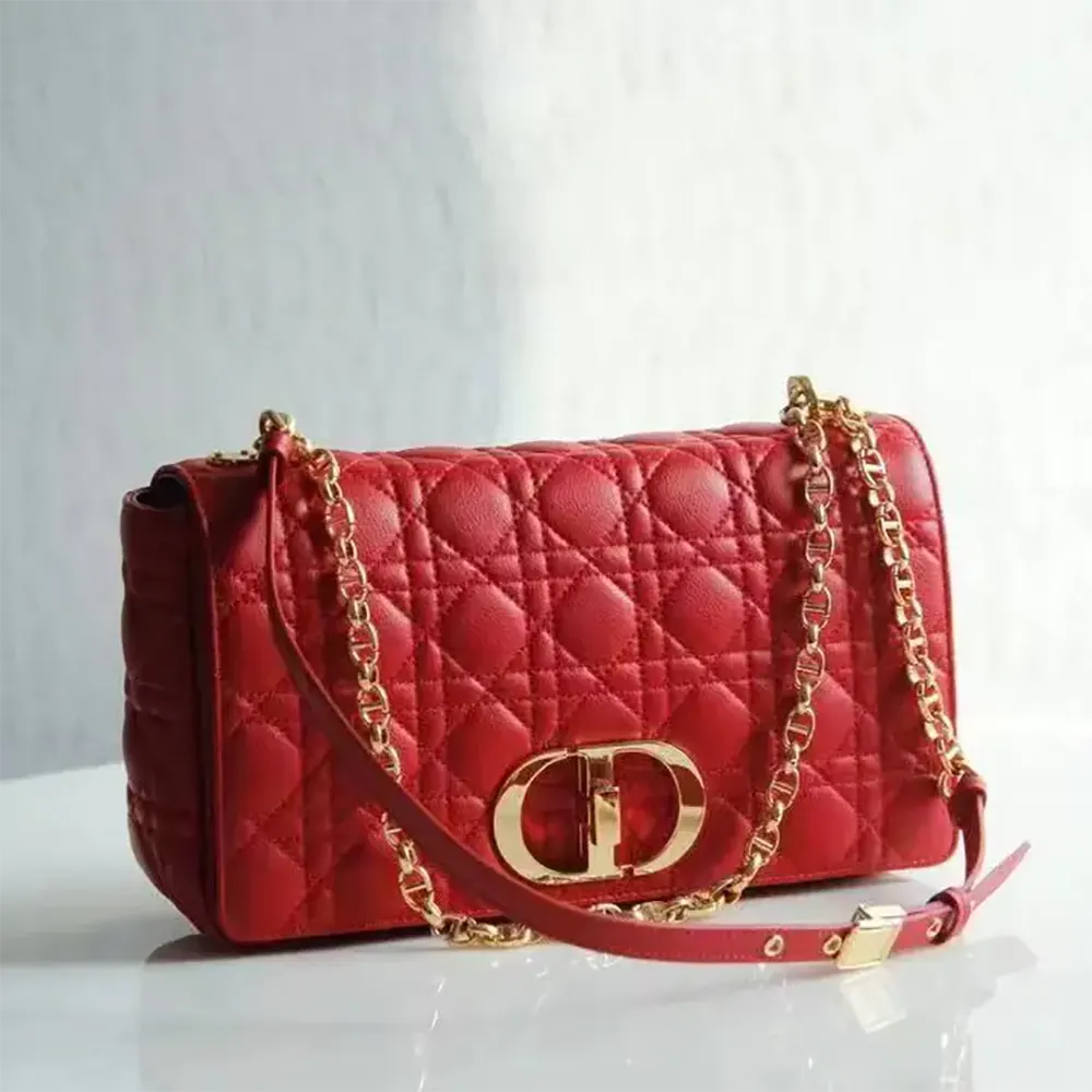 Front view of Dior Women Large Dior Caro Bag Red Soft Cannage Calfskin