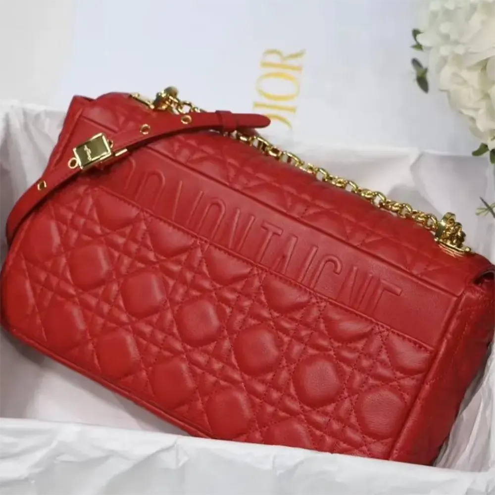 Side profile showing quilted Cannage stitching on Dior Women Large Dior Caro Bag