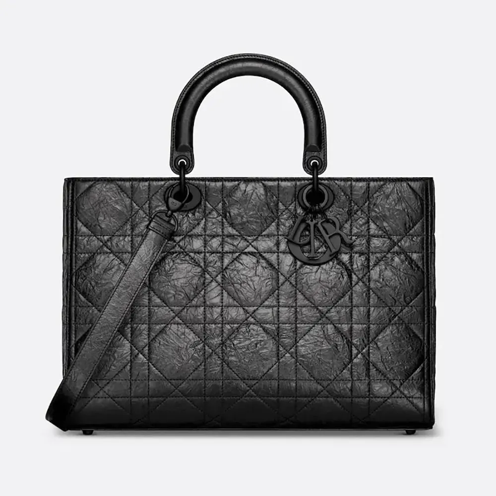 Front view of Dior Women Large Lady D-Sire Bag Black Macrocannage