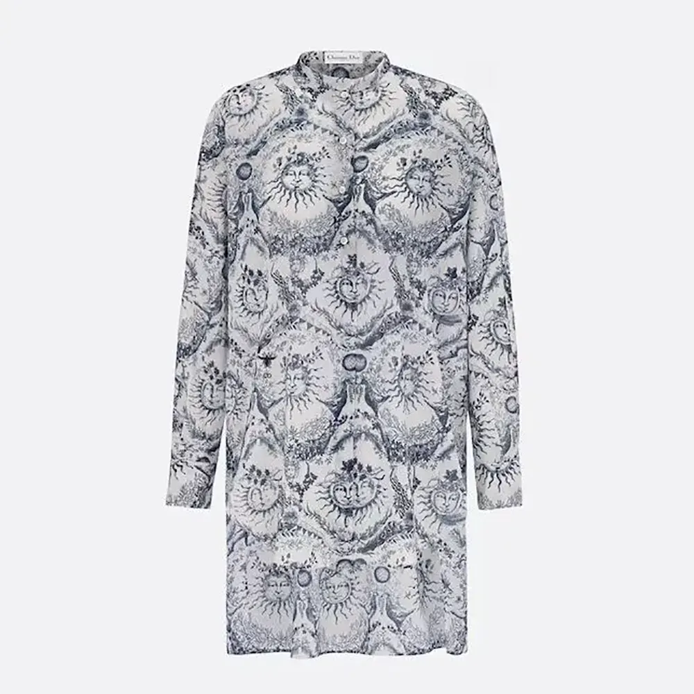 Front view of Dior Women Long Blouse White and Navy Blue Cotton Muslin