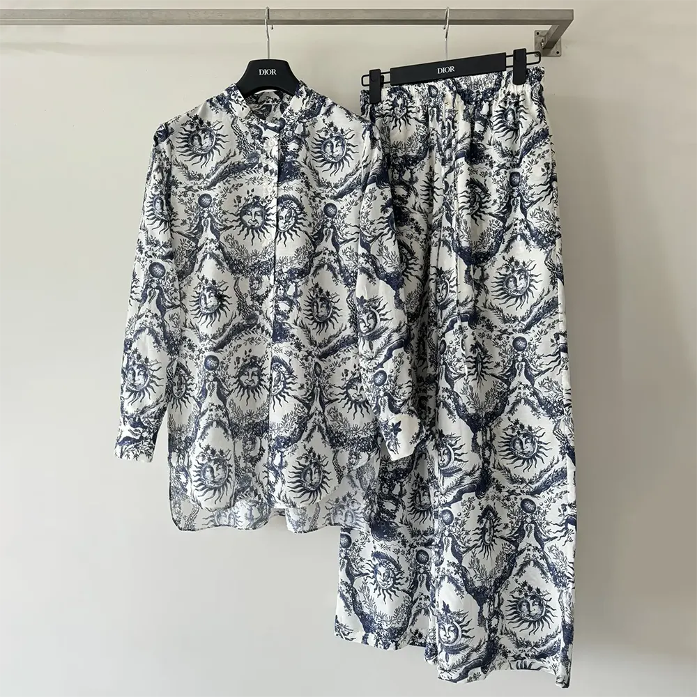 Close-up detail of Toile de Jouy Soleil motif on Dior blouse
