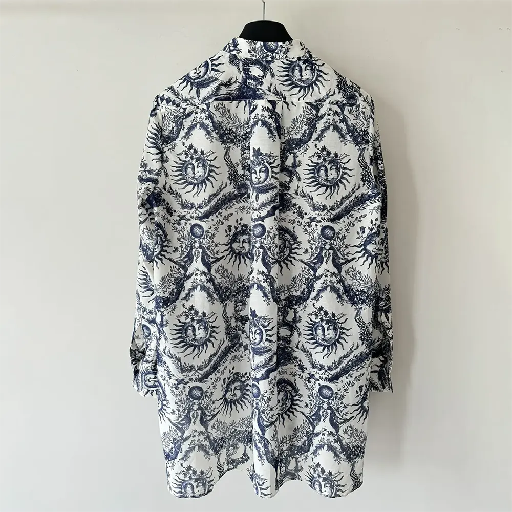 Dior Women Long Blouse White and Navy Blue Cotton Muslin with Toile de Jouy Soleil Motif - image 4