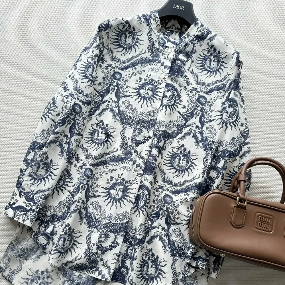 Dior Women Long Blouse White and Navy Blue Cotton Muslin with Toile de Jouy Soleil Motif - image 5