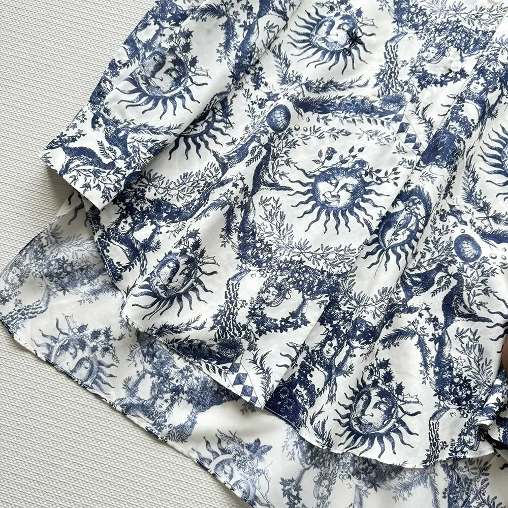 Dior Women Long Blouse White and Navy Blue Cotton Muslin with Toile de Jouy Soleil Motif - image 6