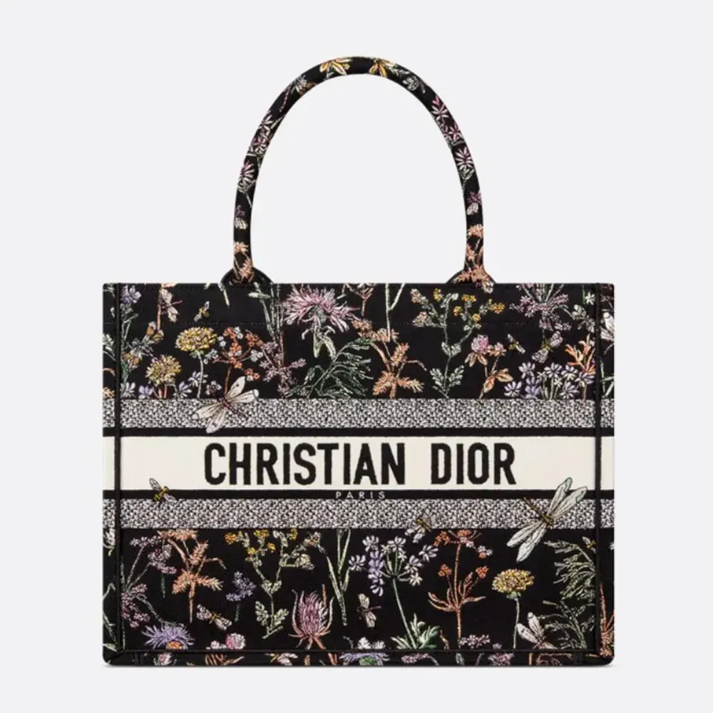 Front view of Dior Women Medium Dior Book Tote Black Multicolor Dior Herbarium Embroidery