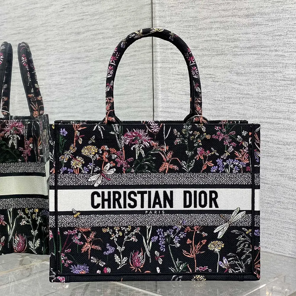 Close-up detail of multicolor Herbarium embroidery on Dior Women Medium Dior Book Tote